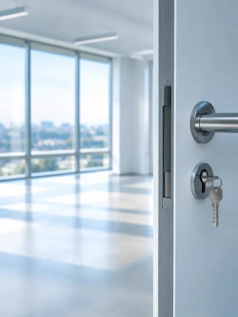 Porta de sala comercial nova com a chave na fechadura