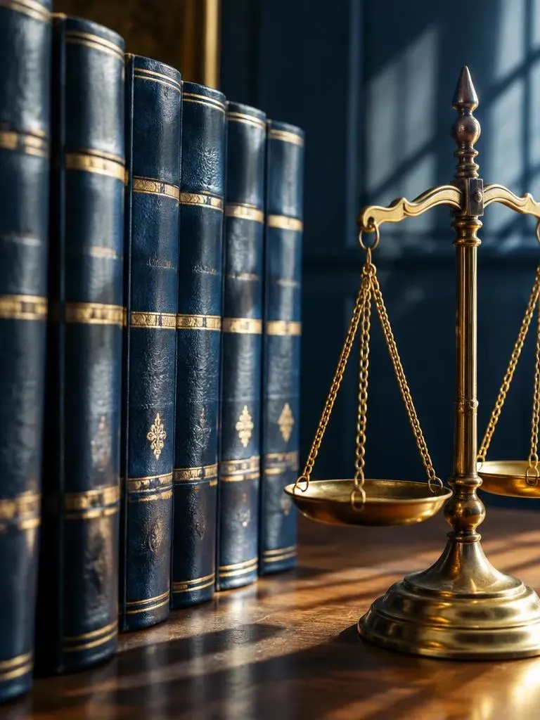 Livros jurídicos encadernados ao lado de uma balança da justiça