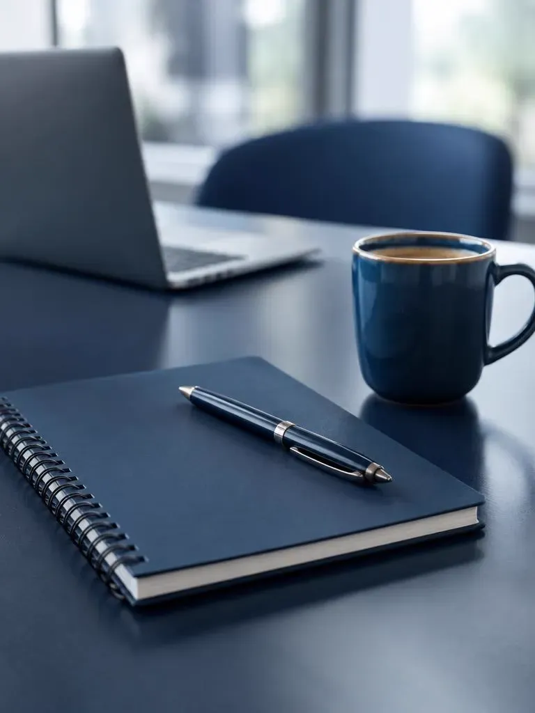 Caderno, caneta e xícara de café sobre mesa de reunião